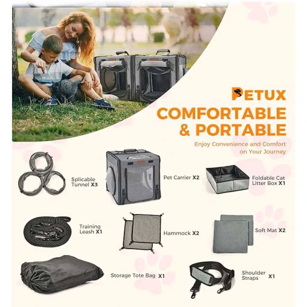 2-in-1 Double Collapsible Carrier for 2 Cats🐈Car w PlayTunnelsLitterBox&Hammock